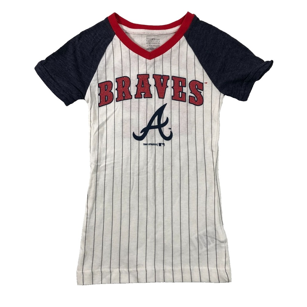 Team Athletics Shirt Girls XS 4/5 White Pinstripe Atlanta Braves Nick‎ Markakis